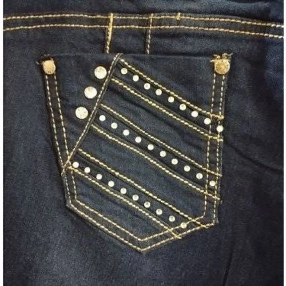 NWT Saza Denim Long Bermuda Jean Shorts Rhinestone Pockets Dark Blue Sz 20